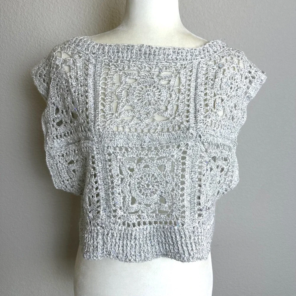 Handmade Silver Metallic Crochet Sequin Granny‎ Square Crop Top Festival Boho